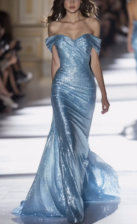 Classy Off The Shoulder Mermaid Evening Dress Blue Long Prom Dress Y8346 - VelvetHem