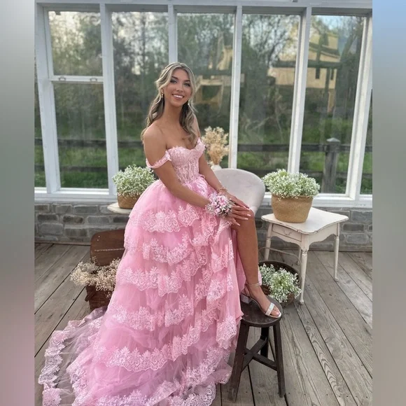 Charming Pink Off The Shoulder Lace Tulle Layered Evening Dress Formal Prom Dress - VelvetHem