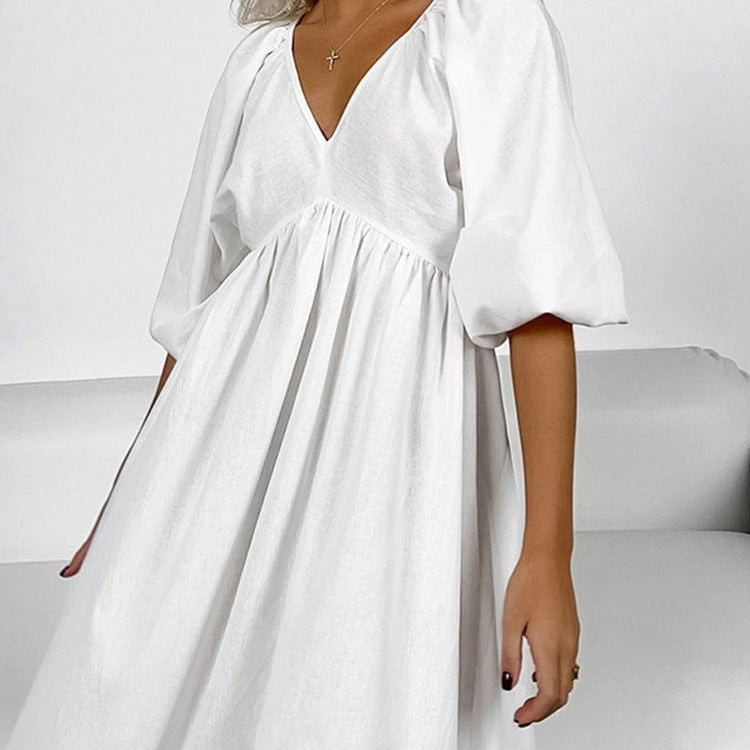 Early Cotton Solid Color Maxi Dress V neck Half Sleeve Hollow Out Cutout Backless Casual Dress
