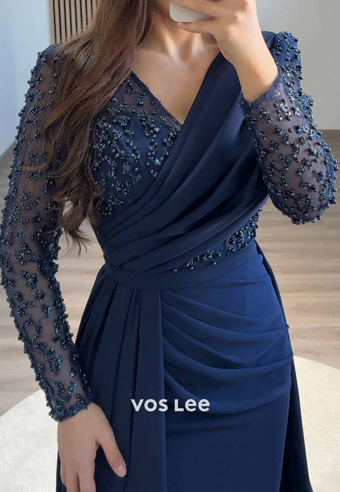 Formal Beaded V Neck Long Sleeves with Train Evening Dress Party Gown - View 4 | VelvetHem