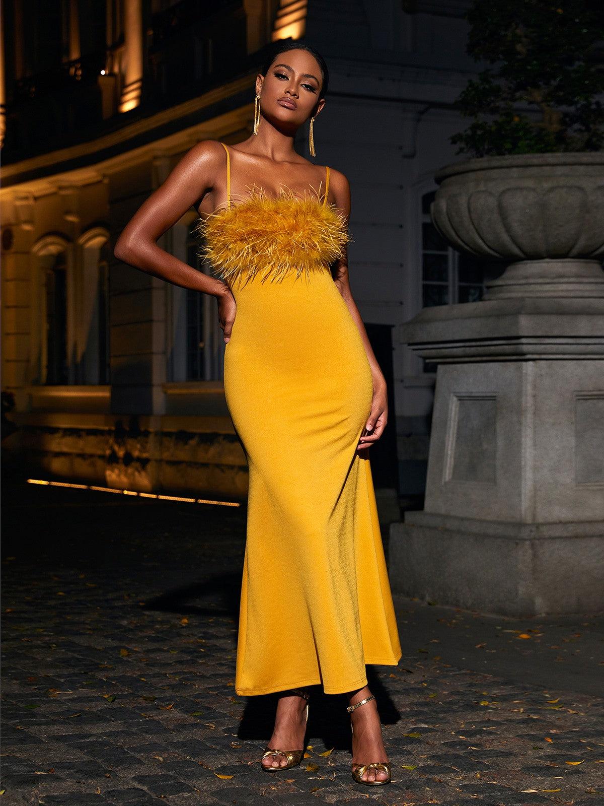 Effy Spaghetti Feather Maxi Dress In Yellow