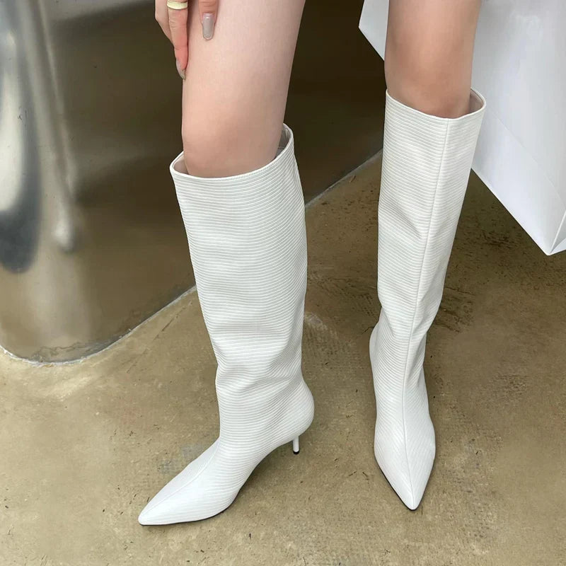 Design Pointed Toe Party Dress Street Style Thin Low Heels Knee High Boots - VelvetHem