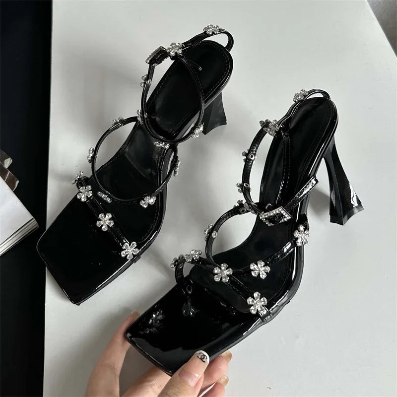 Summer Narrow Band Buckle Strap Women High Shoes Square Toe Party Dress Low Heel Pumps - View 3 | VelvetHem