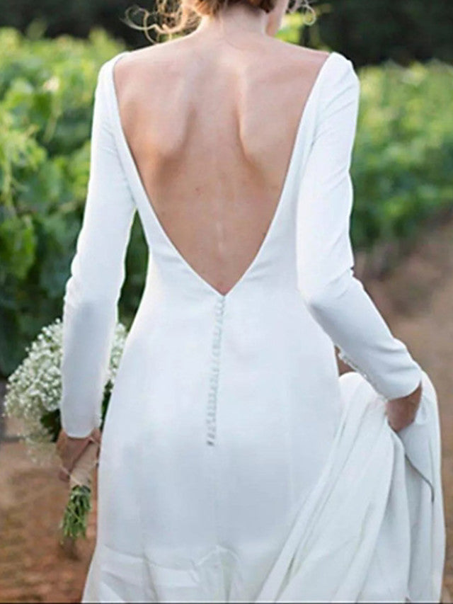 Elegant A-Line Beach Wedding Dresses Off Shoulder Satin Long Sleeve Formal Plus Size Bridal Gowns with Sweep Train