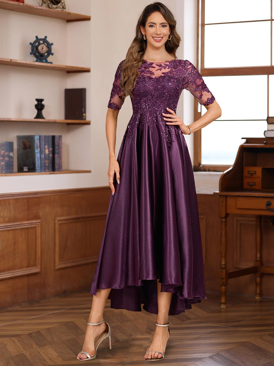 Elegant A Line Round Neck Short Sleeve Asymmetrical Mother of the Bride & Groom Dress with Lace Appliques