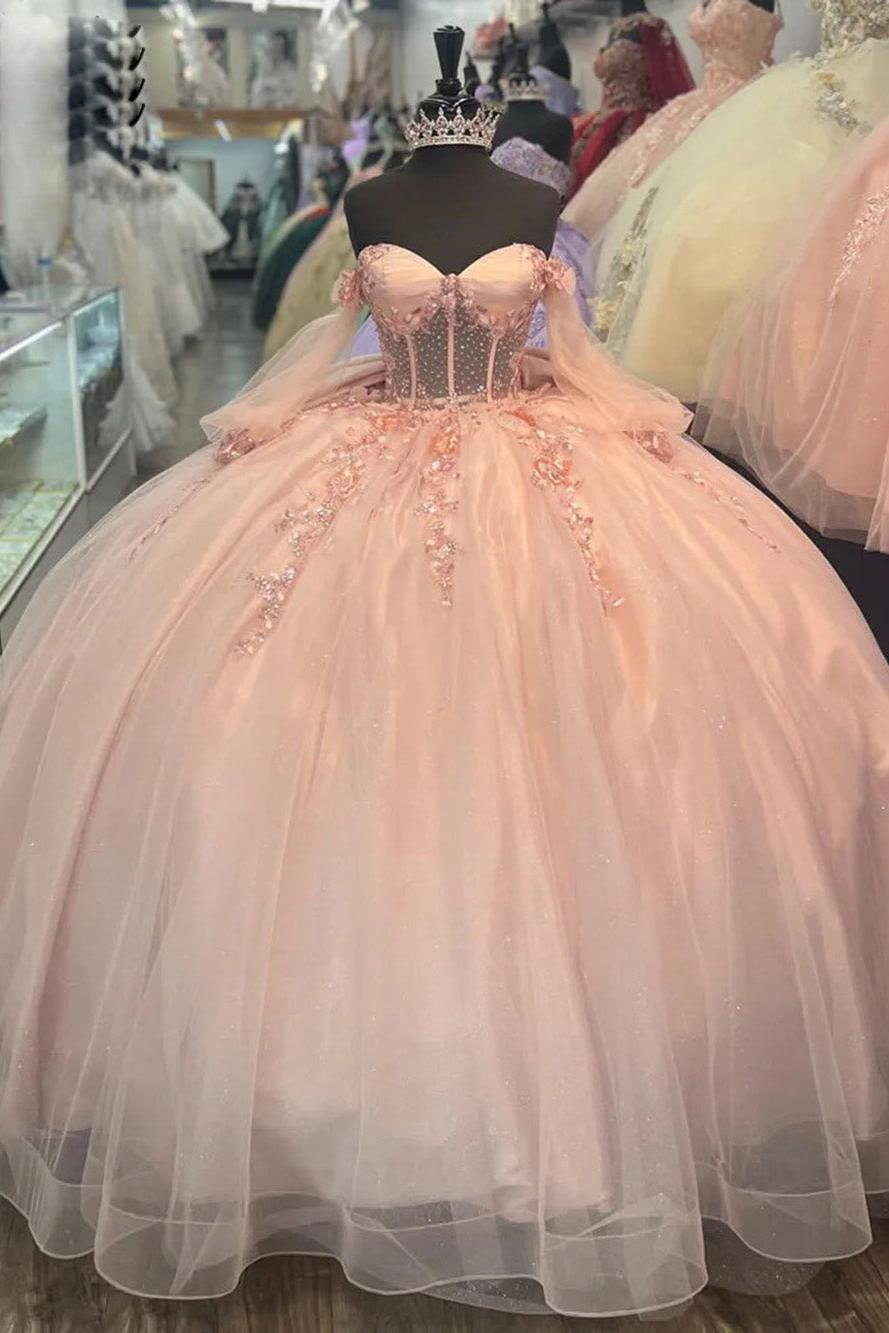Elegant Ball Gown Off Shoulder Long Sleeves Beaded 3D Flowers Appliques Quinceanera Dress For Sweet 16