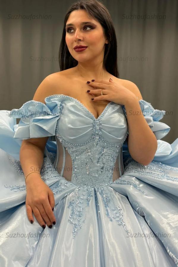 Elegant Ball Gown Off Shoulder Sleeveless Beaded Sequins Appliques Pleated Big Bow Knot Baby Blue Satin Quinceanera Dress Birthday Party Dress For Sweet 16
