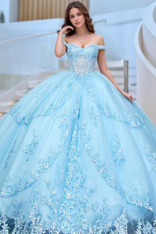 Elegant Ball Gown Off Shoulder Sleeveless Fully Appliques Lace Up Tiered Bow Knot Baby Blue Tulle Quinceanera Dress Birthday Party Dress For Sweet 16