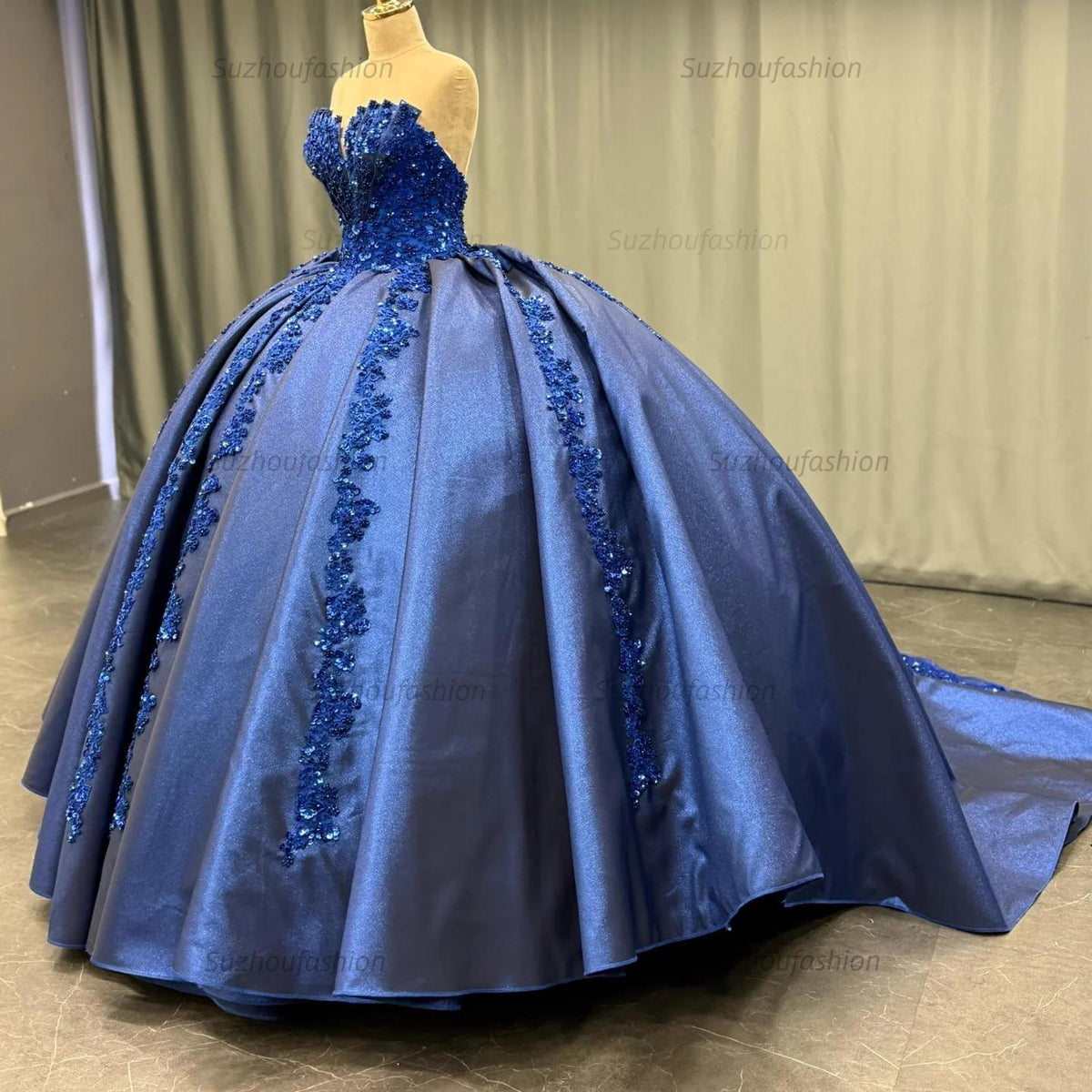 Elegant Ball Gown Strapless Sleeveless Sequins Appliques Pleated Glitter Dark Navy Satin Quinceanera Dress Formal Evening Dress For Sweet 16
