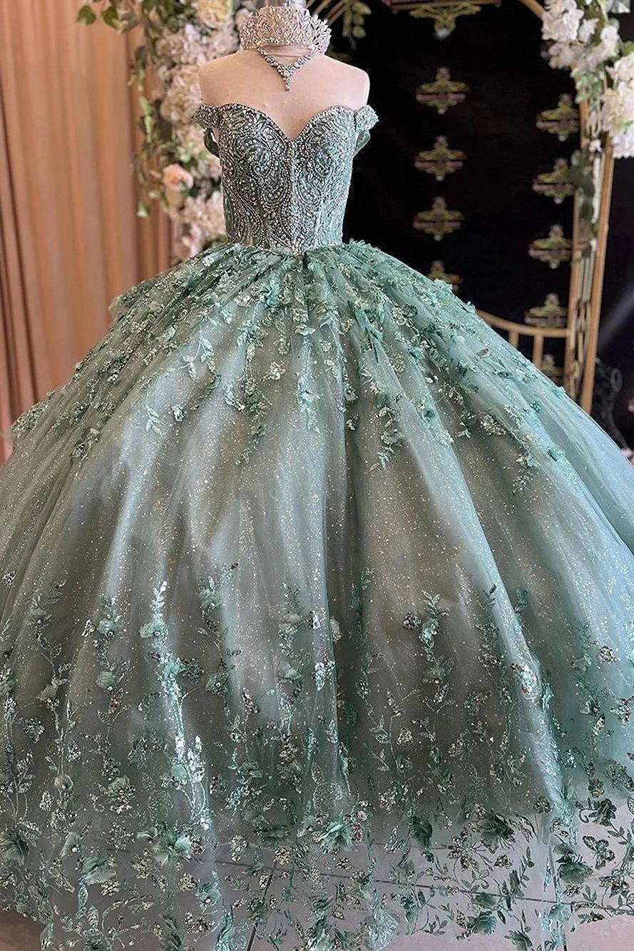 Elegant Ball Gown Sweetheart Neck Off Shoulder Lace Appliques Tiered Green Tulle Princess Gown Quinceanera Dress Beaded Tulle For Sweet 16