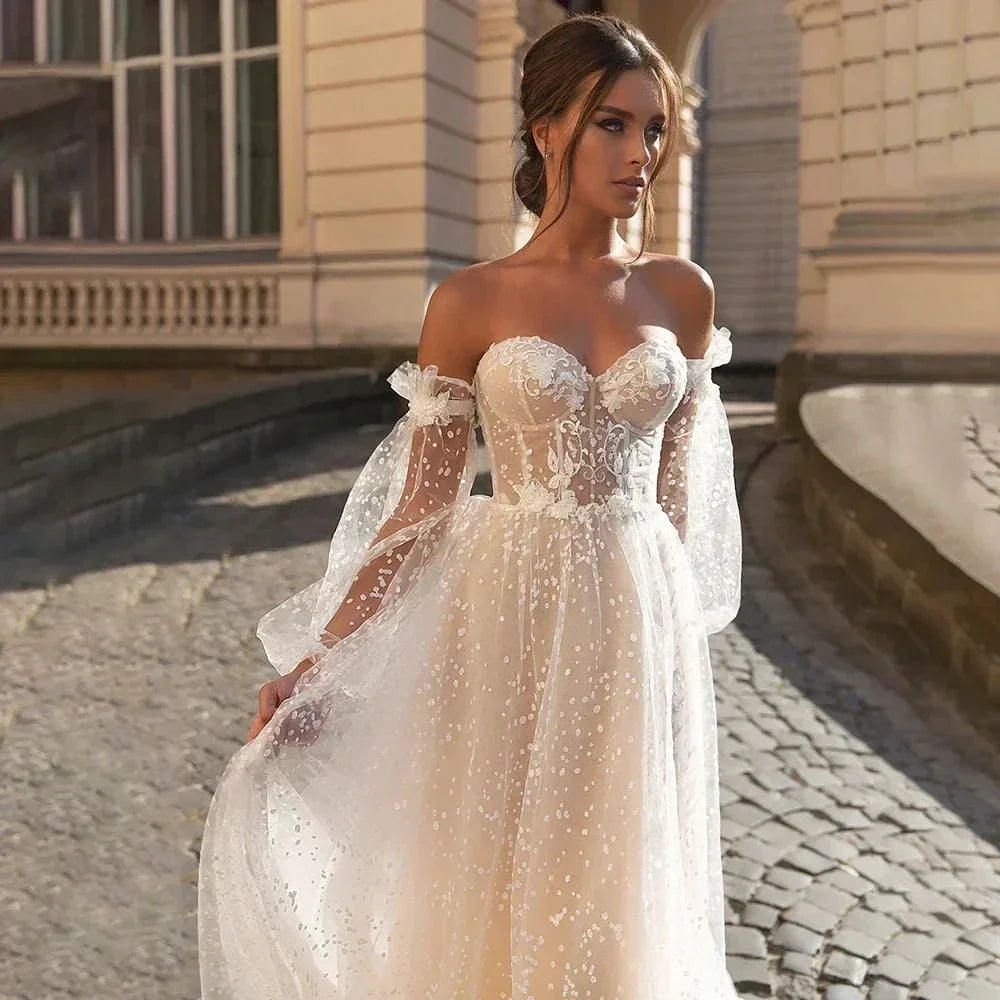 Elegant Beige Card Shoulder Long Sleeve Bridal Sweetheart Tulle Applique Sequin Floor-A line Wedding Evening Gown with Women (ZD14210)