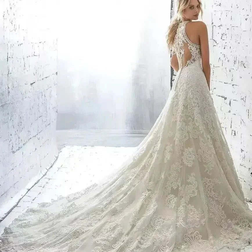 Elegant Beige Gown with Halter Lace A-LINE Sleeveless Cut-out Sweep Train Floor-Length Evening Gown for Women vestidos de novia (ZD14205) - VelvetHem