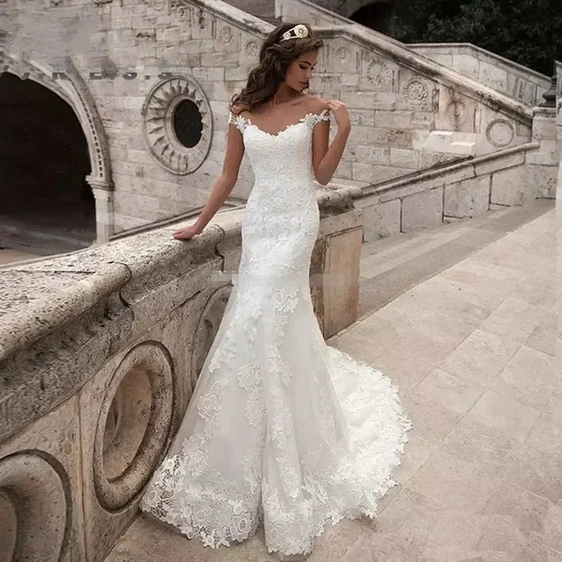 Elegant Beige Satin Off-Shoulder Straps Embroidered for Bride's Mermaid Floor-Length Dress with for Women's Wedding Evening Gown (ZD14206) - VelvetHem