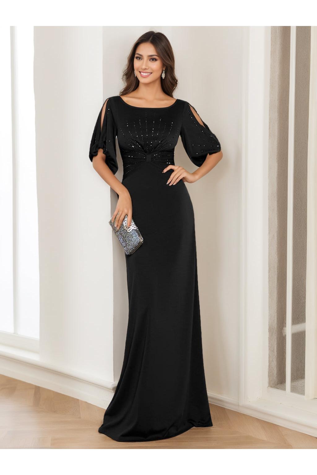 Elegant Black Long Mother of the Bride Dress with Round Neck and Half Sleeves
