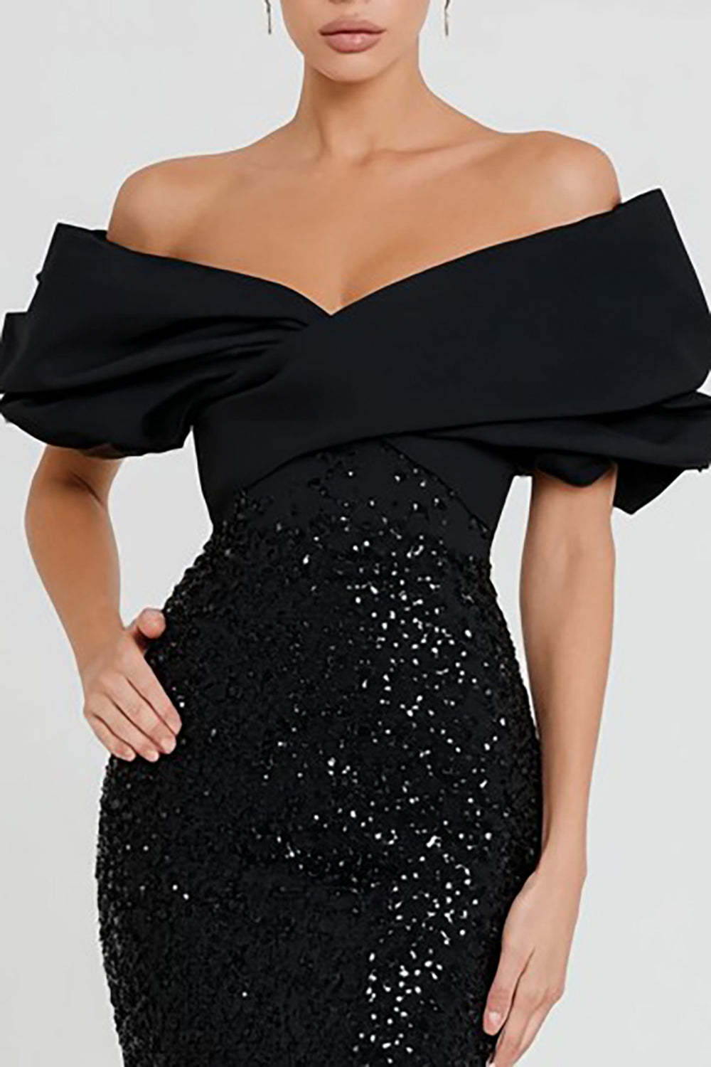 Suzhoufashion Elegant Black Mermaid Off The Shoulder Long Sequin Prom Dress