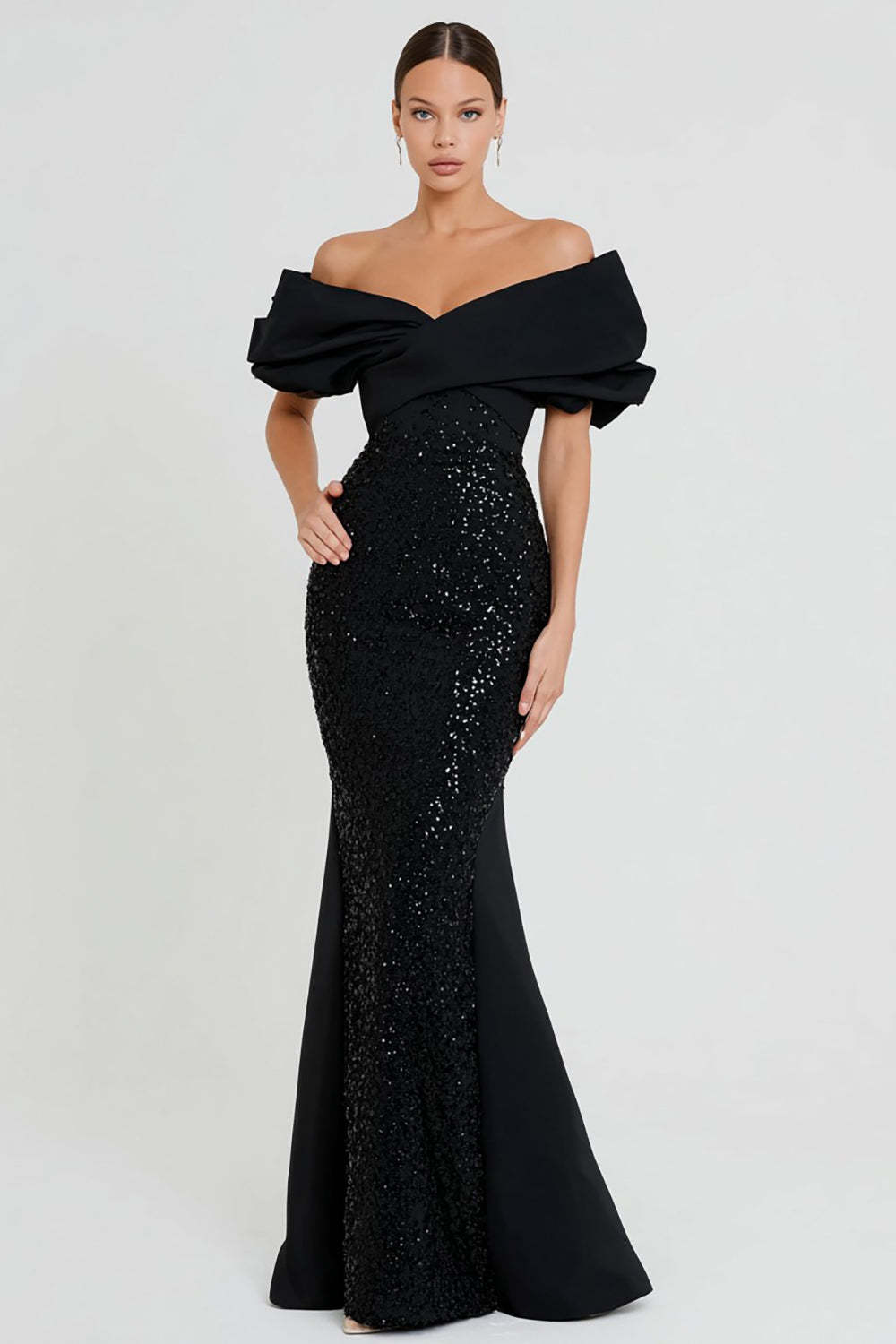 Suzhoufashion Elegant Black Mermaid Off The Shoulder Long Sequin Prom Dress