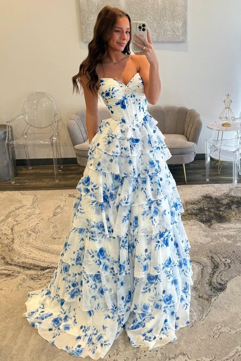 Blue Floral Sweetheart Tiered Prom Dress With Corset Bodice Formal Evening Gown