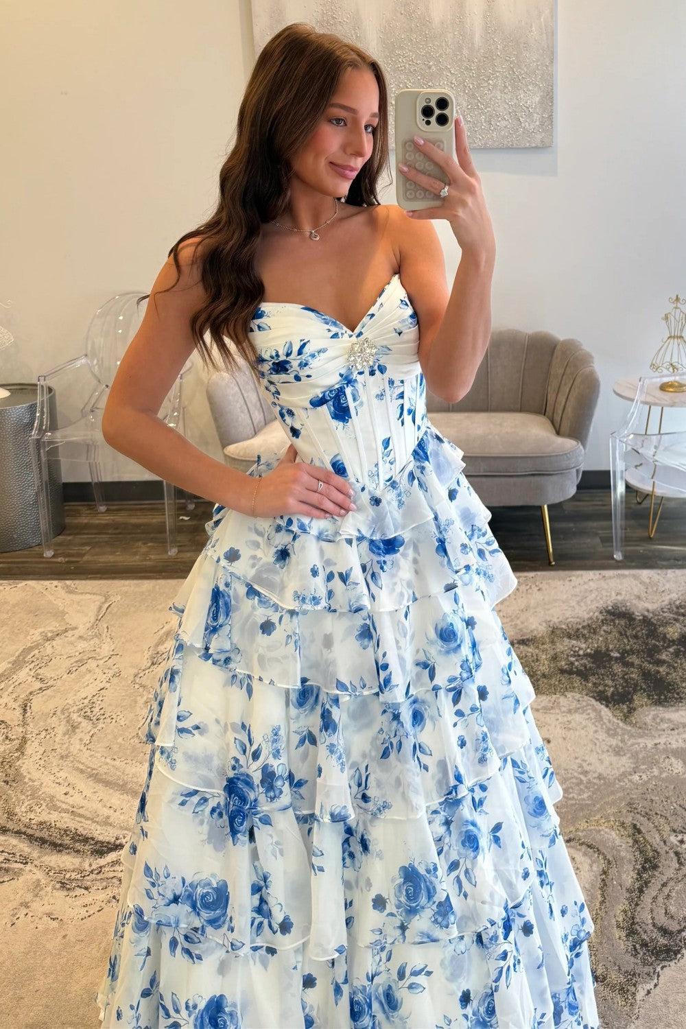 Blue Floral Sweetheart Tiered Prom Dress With Corset Bodice Formal Evening Gown