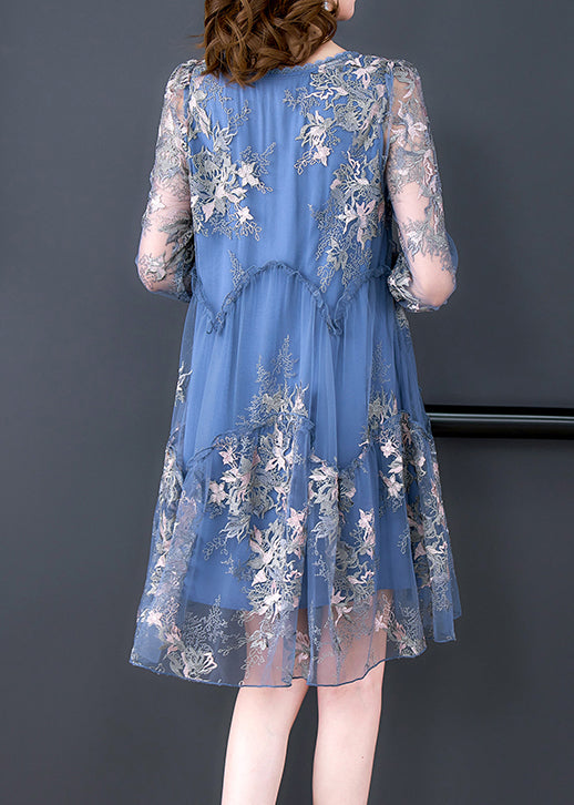 Elegant Blue O-Neck Print Patchwork Tulle Vacation Dresses Half Sleeve