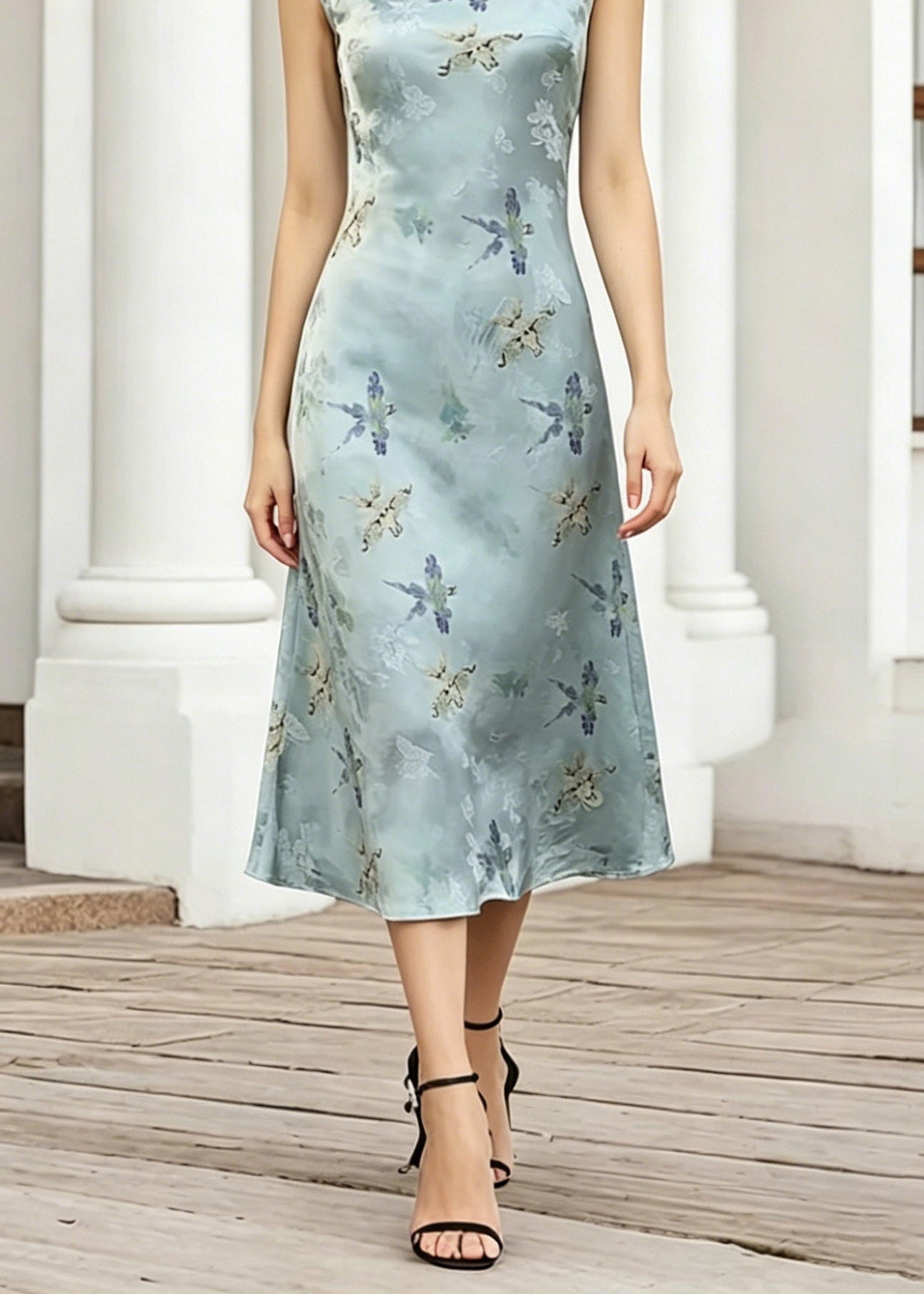 Elegant Blue O-Neck Print Long Dress Short Sleeve
