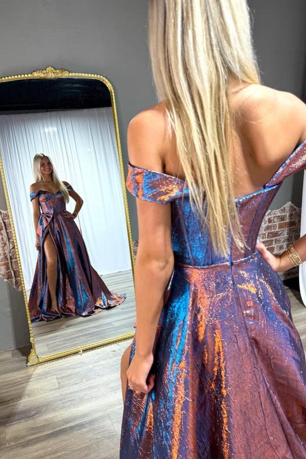 Suzhoufashion Elegant Blue Off The Shoulder Metallic A-Line Long Corset Prom Dress With Bow