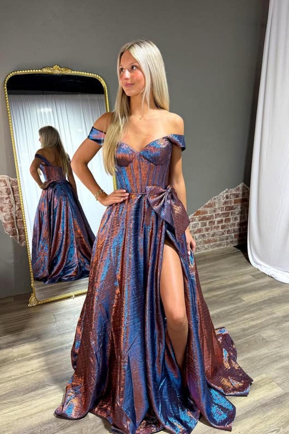 Suzhoufashion Elegant Blue Off The Shoulder Metallic A-Line Long Corset Prom Dress With Bow