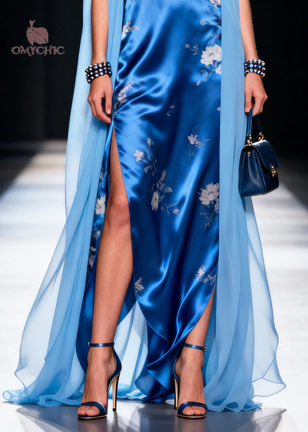 Elegant Blue Patchwork Silk Maxi Dress Side Open Sleeveless