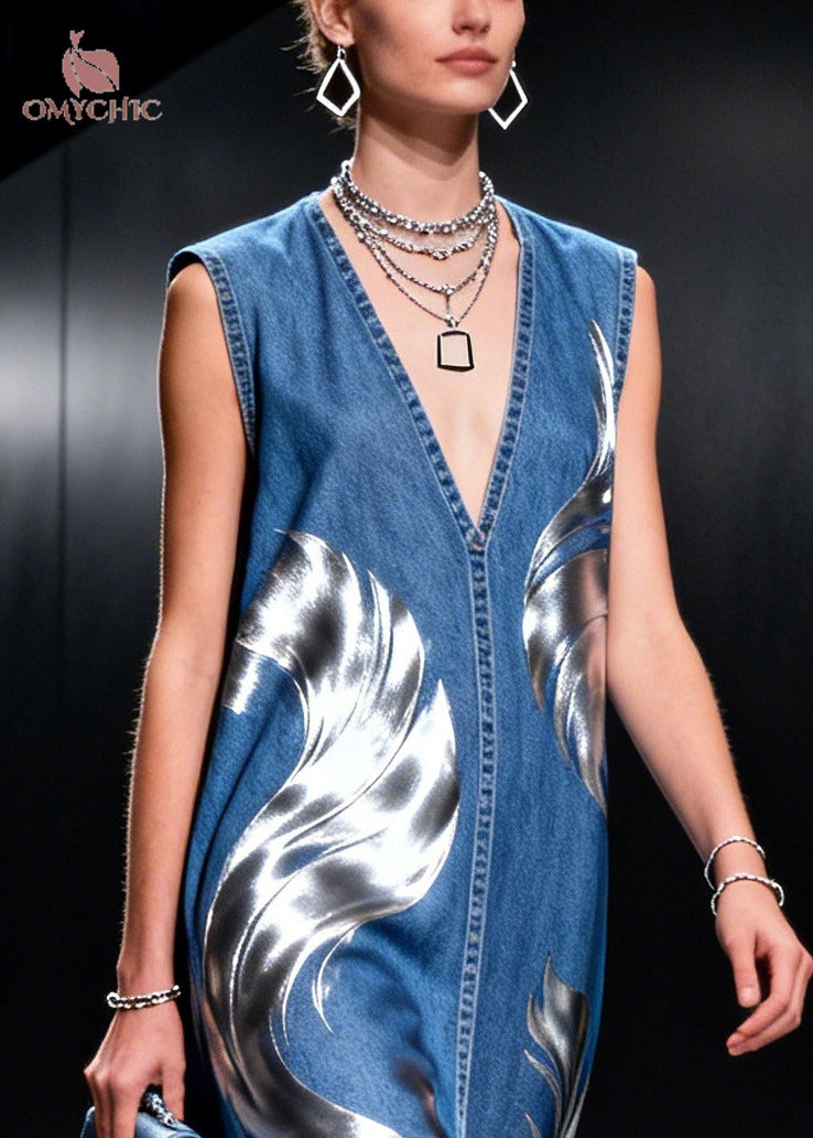 Elegant Blue V Neck Patchwork Print Denim Holiday Dresses Sleeveless