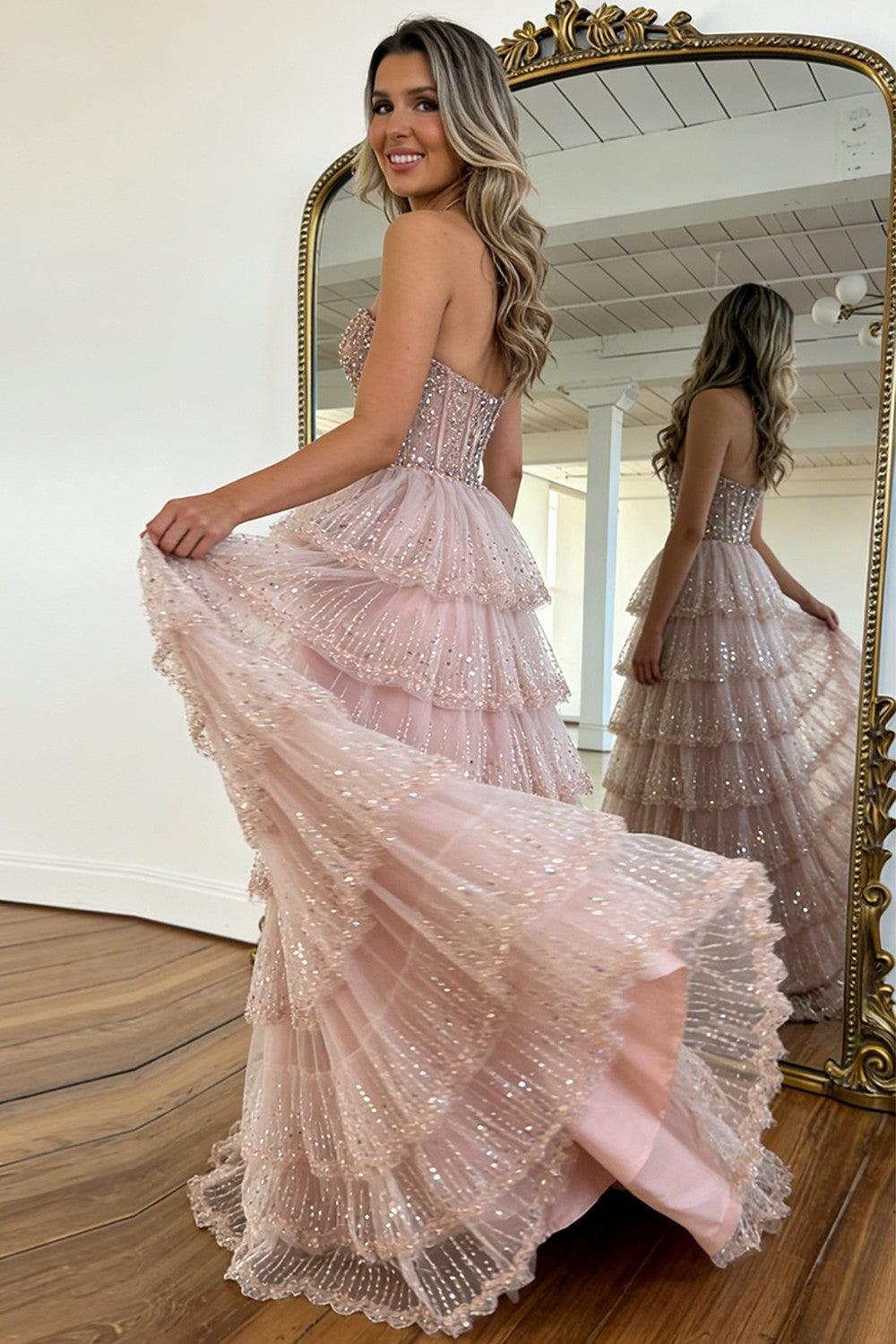 Suzhoufashion Blush Pink Sweethear Lace Up Tiered Tulle Prom Dress With Sparkle Formal Evening Gown