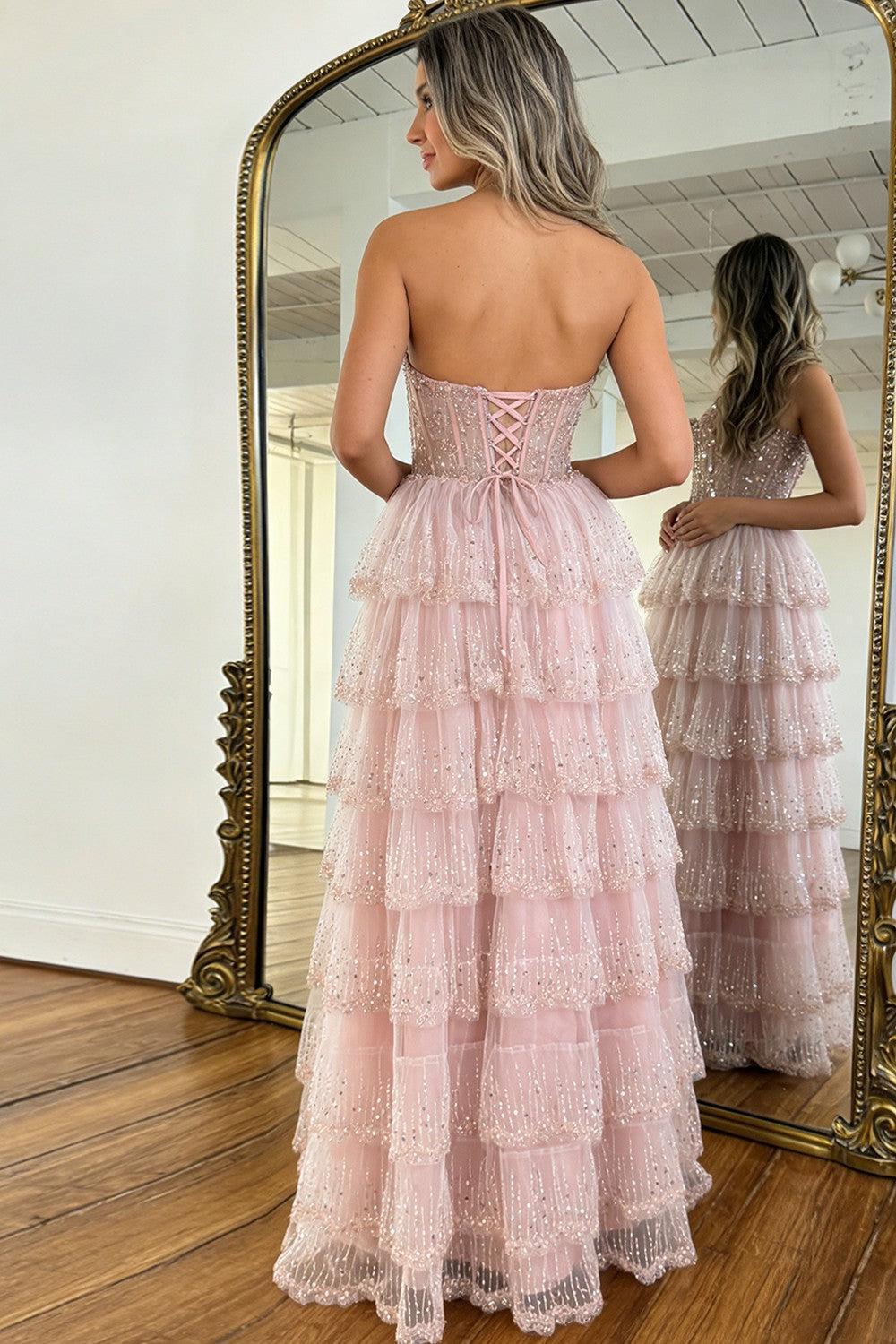 Suzhoufashion Blush Pink Sweethear Lace Up Tiered Tulle Prom Dress With Sparkle Formal Evening Gown
