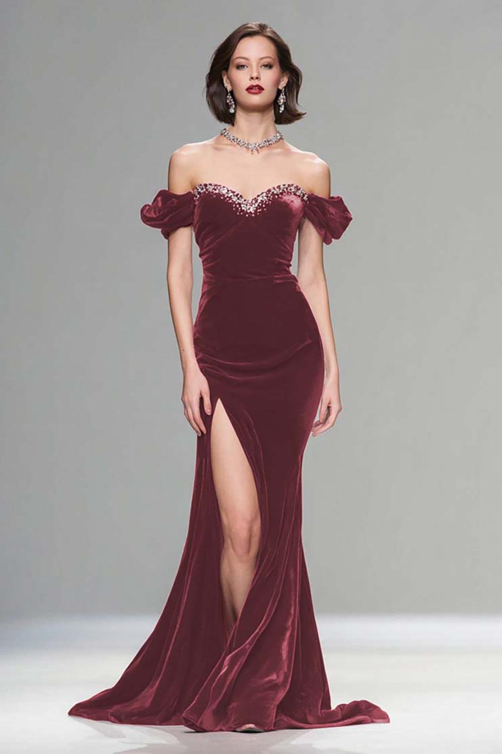 Suzhoufashion Elegant Burgundy Mermaid Long Velvet Holiday Party Dress With Beading