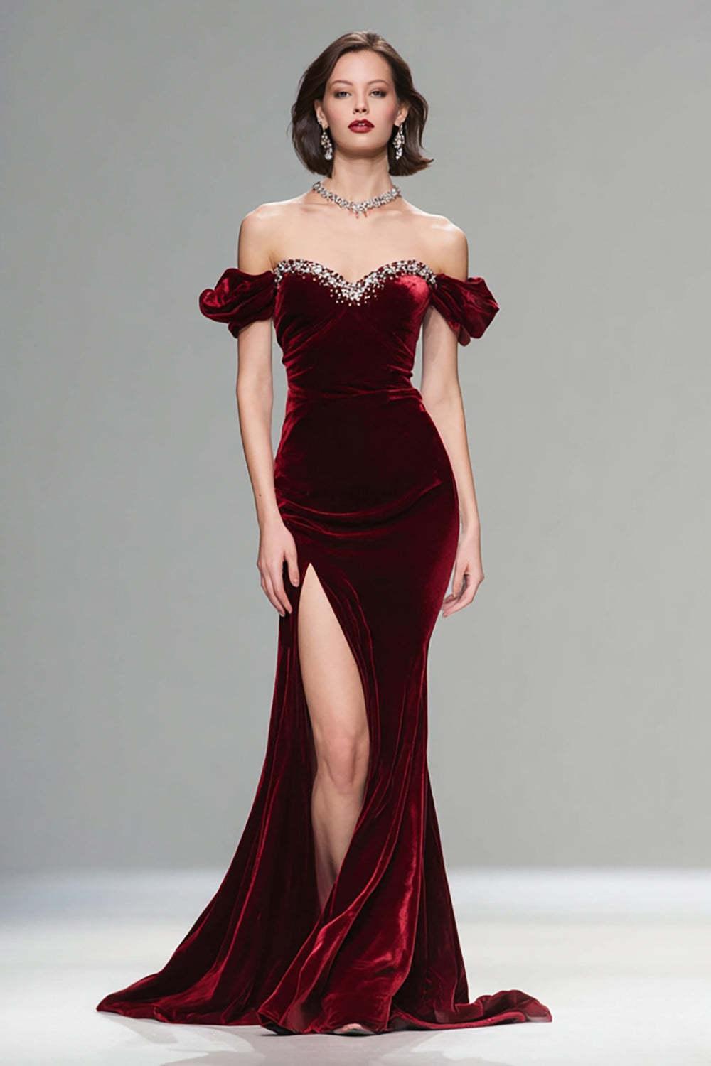 Suzhoufashion Elegant Burgundy Mermaid Long Velvet Holiday Party Dress With Beading