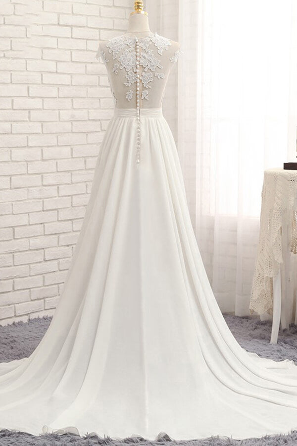 Elegant Chiffon Sleeveless Appliques Beach Wedding Dress | A-line Jewel White Bridal Gowns