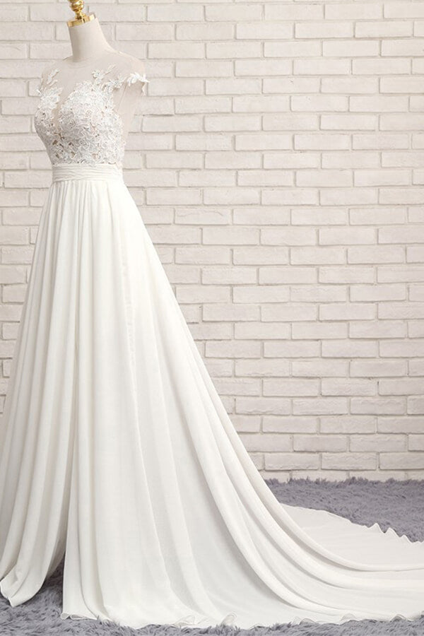 Elegant Chiffon Sleeveless Appliques Beach Wedding Dress | A-line Jewel White Bridal Gowns