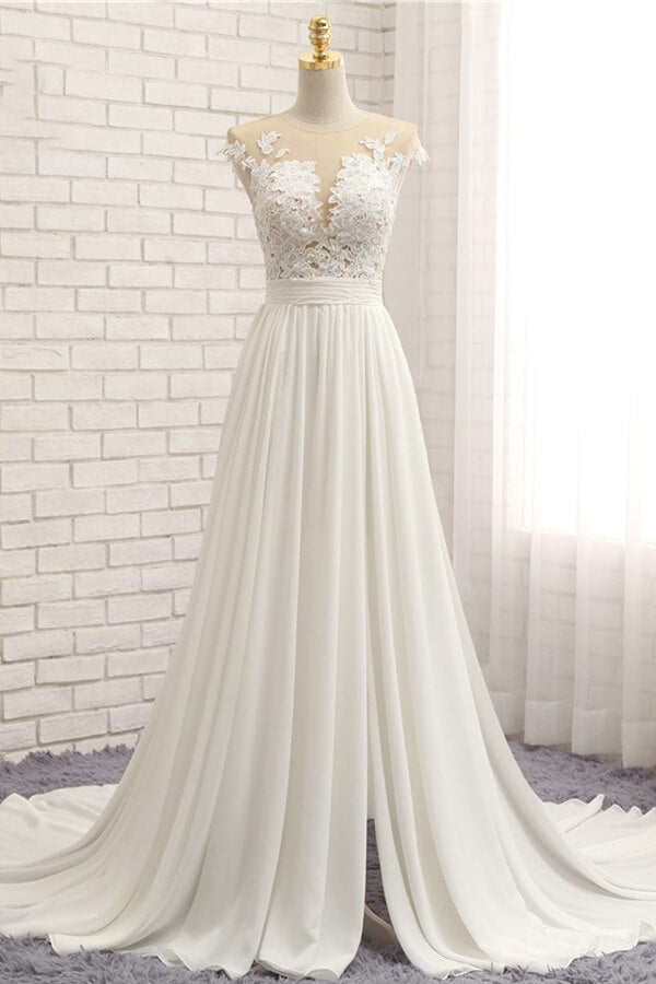 Elegant Chiffon Sleeveless Appliques Beach Wedding Dress | A-line Jewel White Bridal Gowns