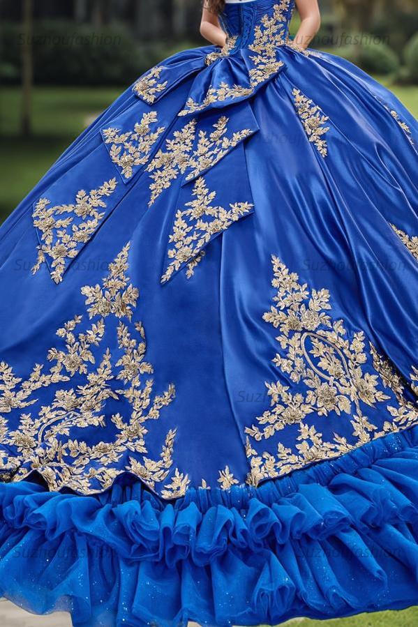 Elegant & Classic Ball Gown Sweetheart Neck Sleeveless Gold Appliques Tiered Royal Blue Tulle Quinceanera Dress Birthday Party Dress For Sweet 16