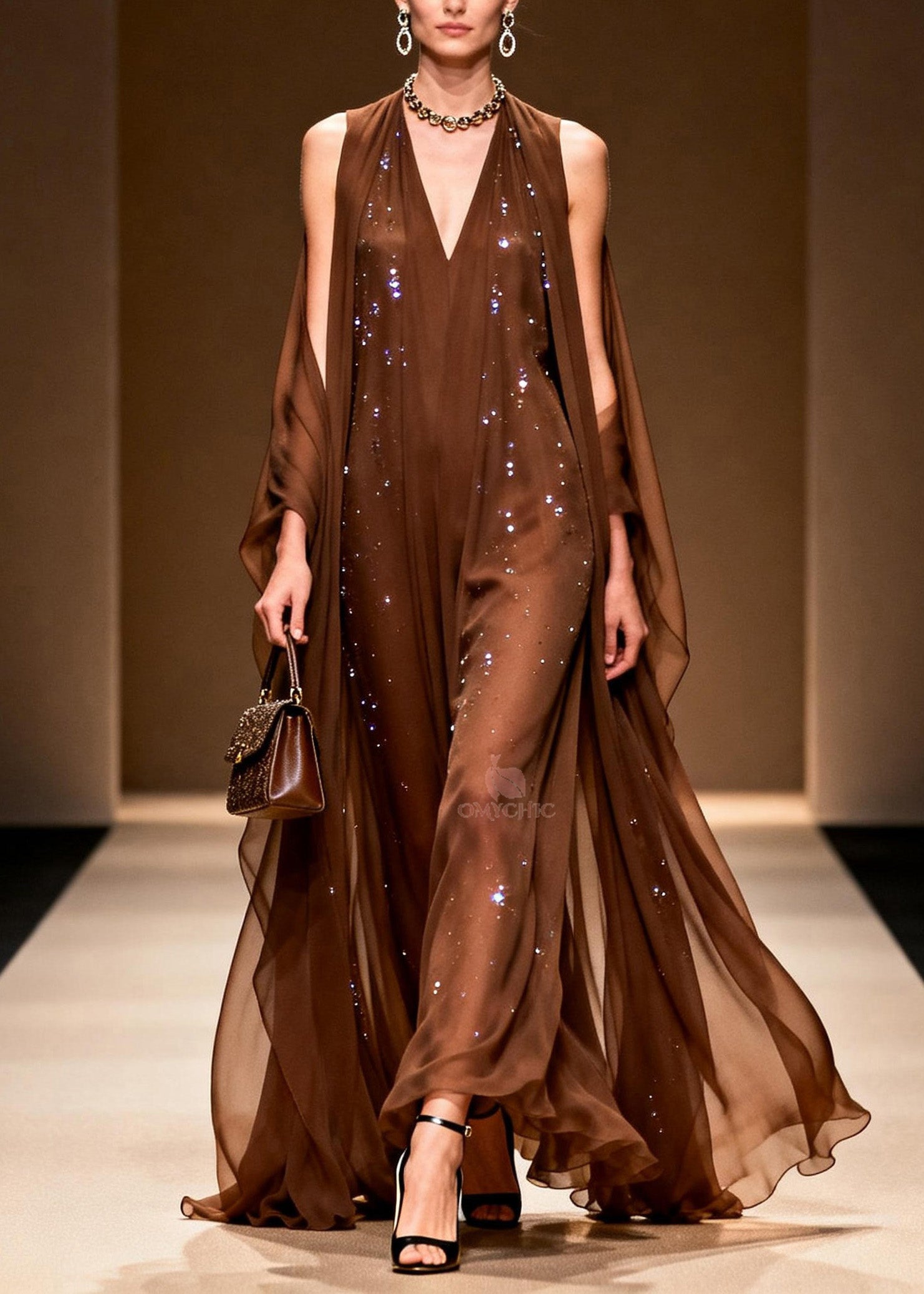 Elegant Coffee Cold Shoulder Zircon Chiffon Maxi Dresses Sleeveless