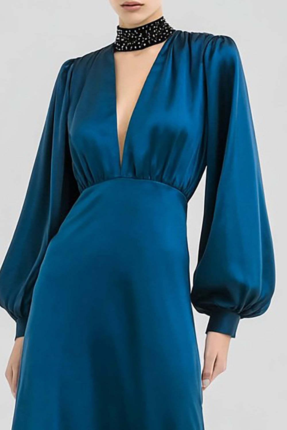 Suzhoufashion Elegant Dark Blue Satin Beaded Keyhole Long Prom Dress With Sleeves