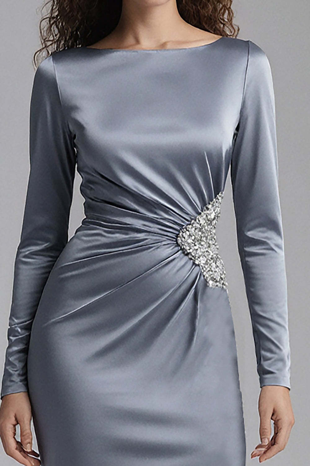 Suzhoufashion Elegant Dusty Blue Beaded Mermaid Long Satin Evening Dress With Slit