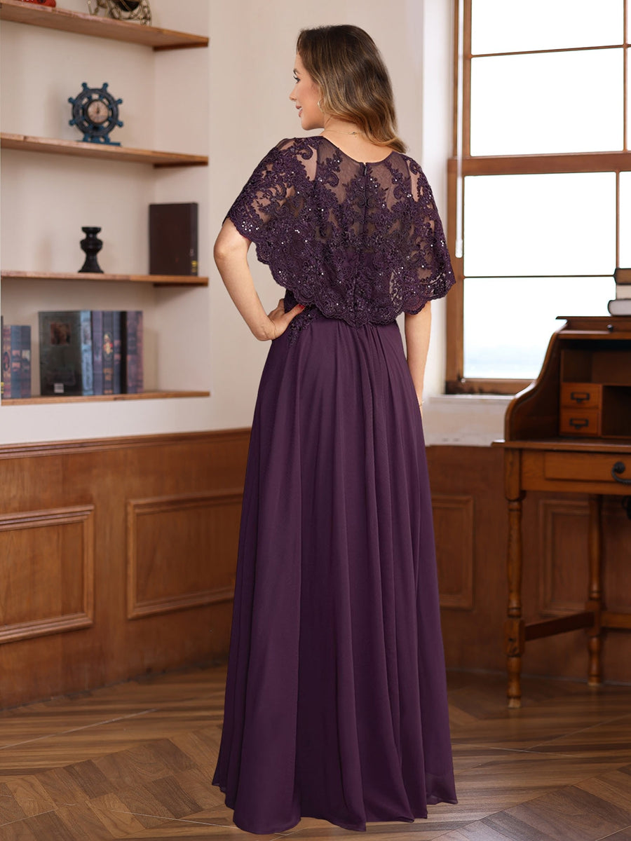 Elegant Long A Line Mother of the Bride & Groom Dress with Round Neck and Lace Appliques