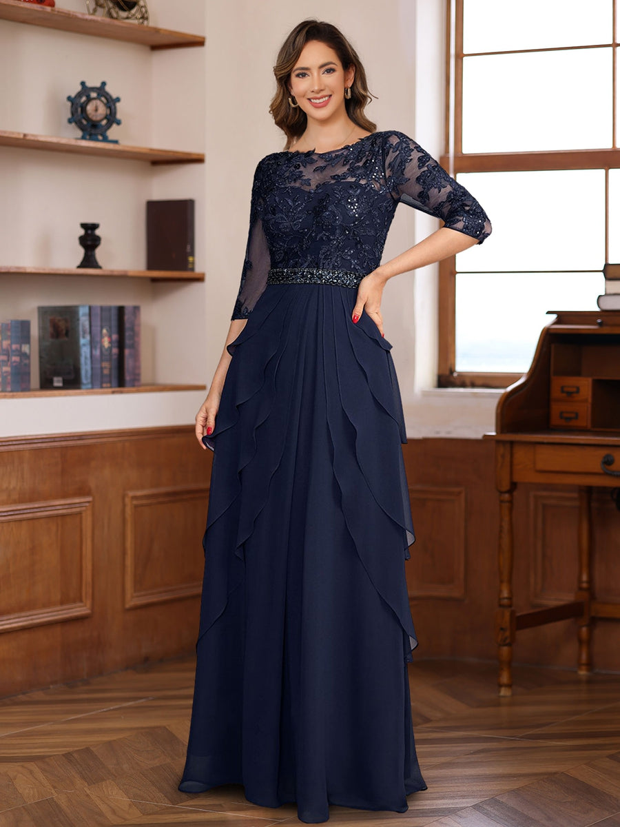 Elegant Long A Line Mother of the Bride & Groom Dress with 3/4 Sleeves Lace Appliques and Ruffles