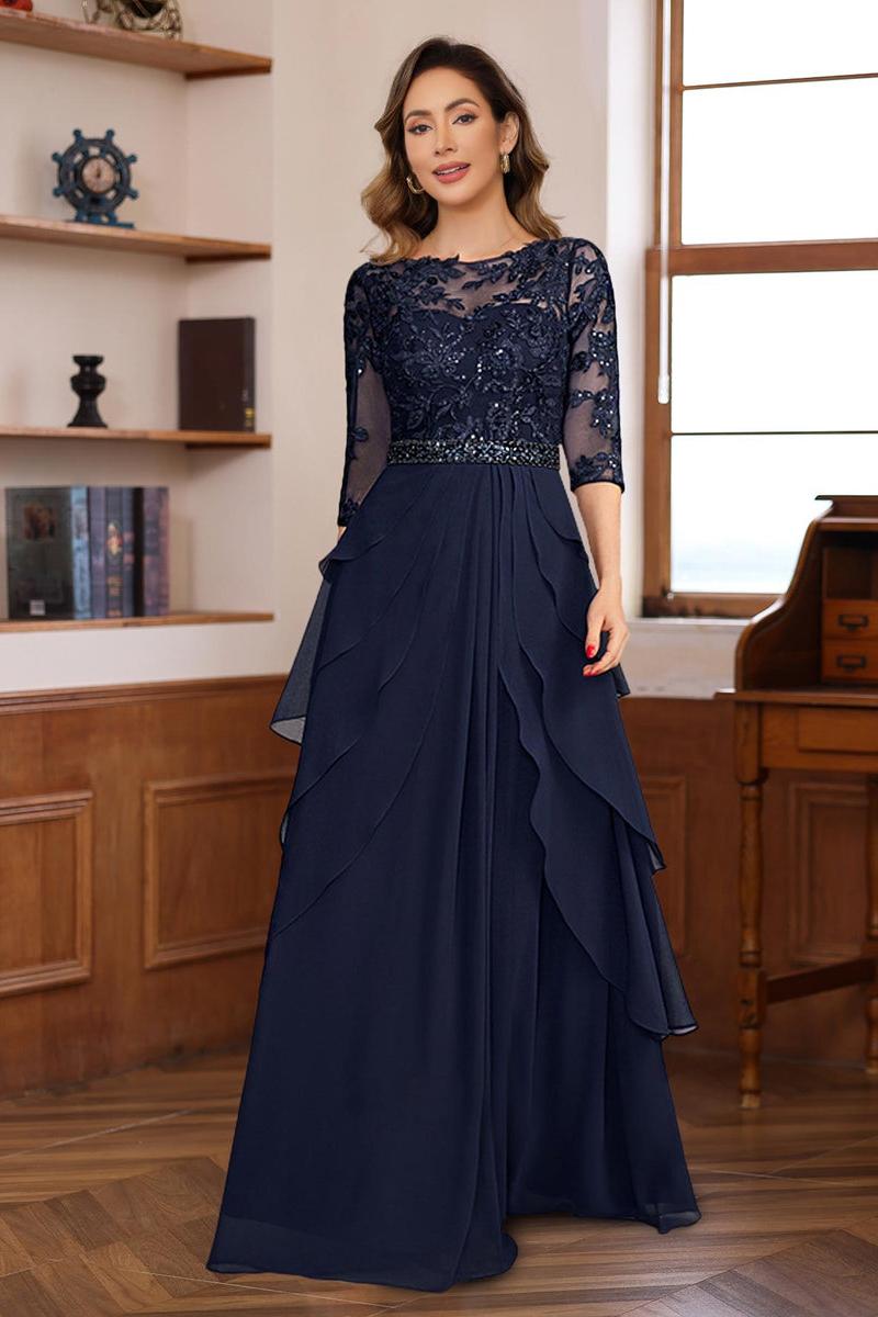 Elegant Long A Line Mother of the Bride & Groom Dress with 3/4 Sleeves Lace Appliques and Ruffles