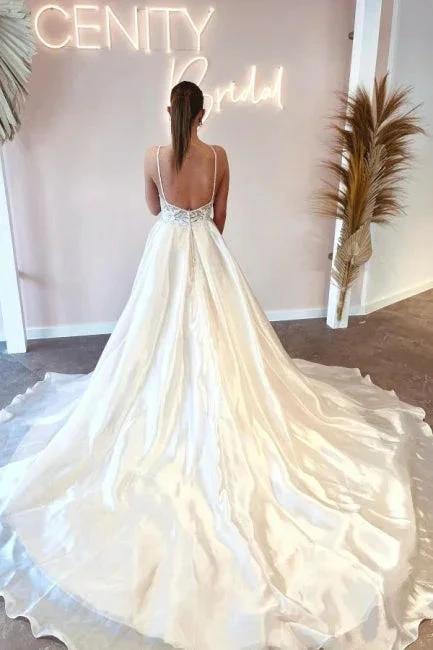 Elegant Floor-Length Spaghetti Straps V-Neck Sleeveless A-Line Wedding Dresses with Appliques (ZD15752)