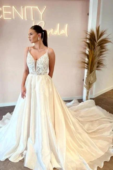 Elegant Floor-Length Spaghetti Straps V-Neck Sleeveless A-Line Wedding Dresses with Appliques (ZD15752) - VelvetHem