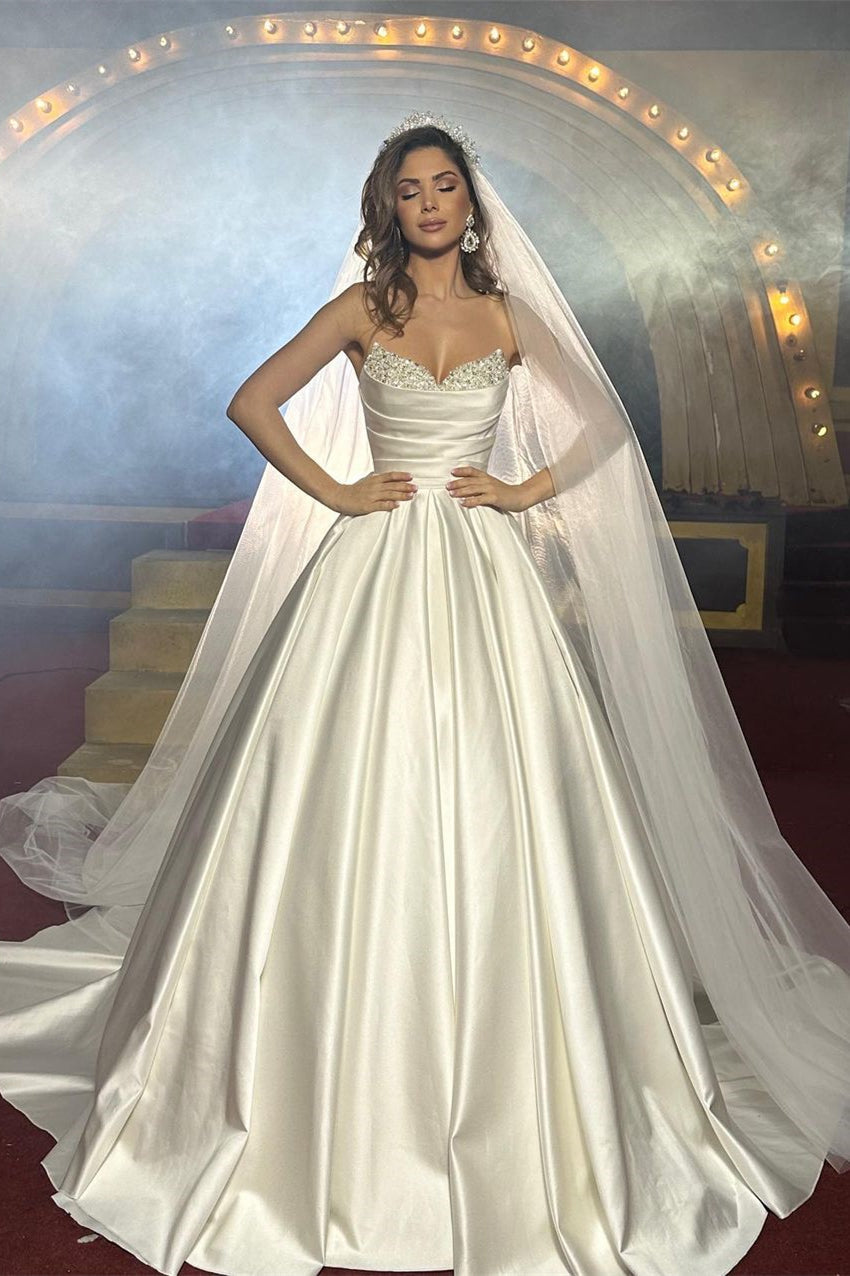 Elegant FloorLength Sleeveless A Line Satin Bridal Dress With Beads