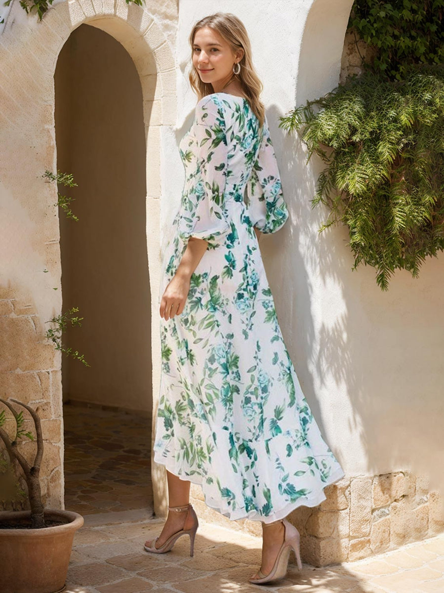 Elegant Floral Printed Mother of the Bride Dress with V Neck and 3/4 Asymmetrical Sleeves