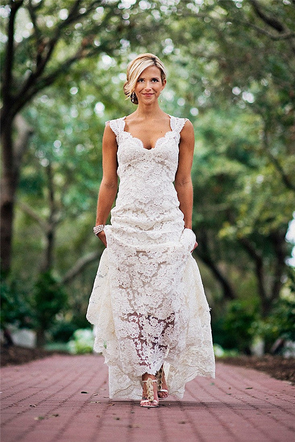 Elegant Full Lace Beach Wedding Dress Open Back Sleeveless Summer Wedding Gowns