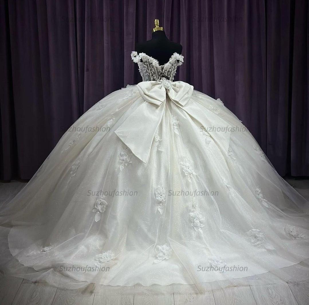 Elegant & Glamorous Ball Gown Off Shoulder Flowers Appliques Beaded Tulle Princess Formal Evening Party Gown Quinceanera Dresses For Sweet 16
