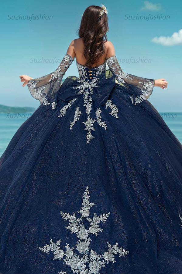 Elegant & Glitter Ball Gown Strapless Detachable Long Bell Sleeves Beaded Appliques Lace Up Bow Knot Navy Blue Tulle Quinceanera Dress Formal Evening Gown Party Dress