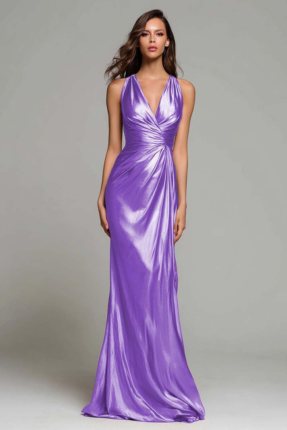 Suzhoufashion Elegant Gold Ruched V-Neck Mermaid Long Metallic Prom Dress
